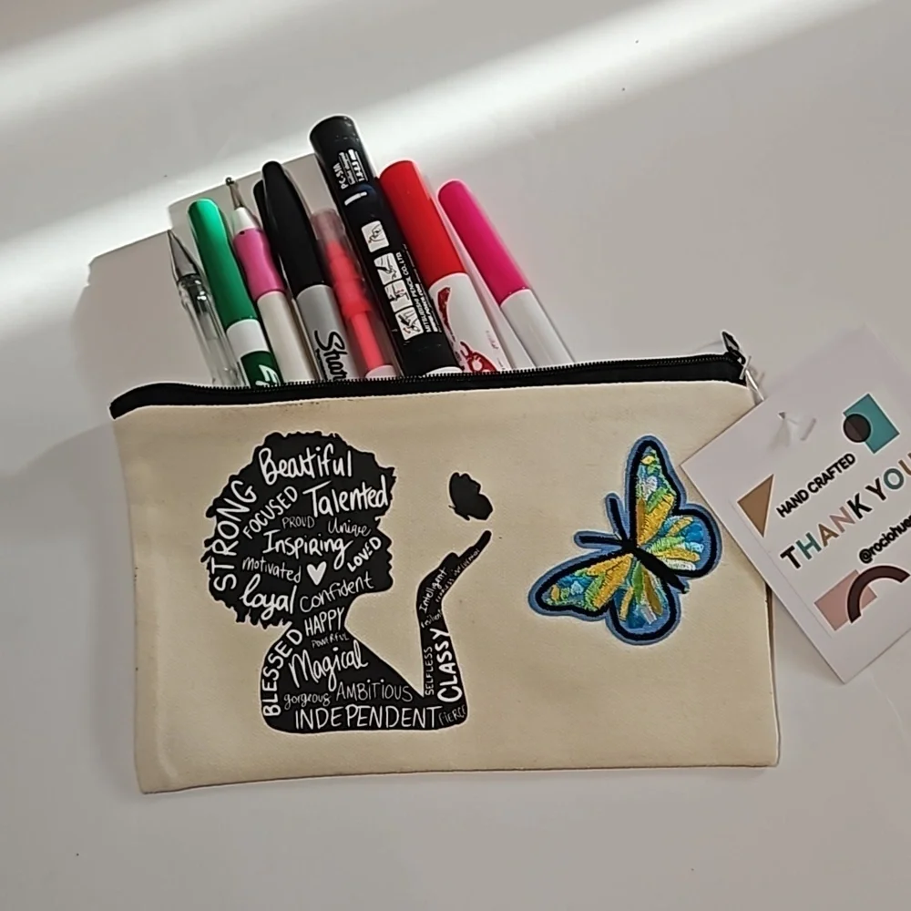 Hand Crafted makeup bag Canvas Pencil case Iron applique Handmade Travel purse